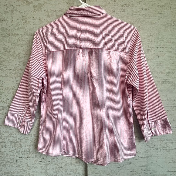 L.L. Bean Searsucker Red and White Striped Shirt Size Medium Coastal Nautical - Picture 11 of 15